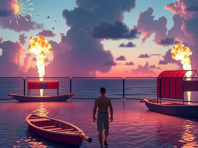 Dynamic scene of a chaotic virtual beach environment with crowds and visual effects