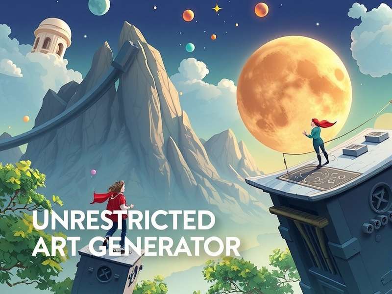 A vibrant, surreal landscape generated by an unrestricted AI art model, showing intricate details and impossible structures.